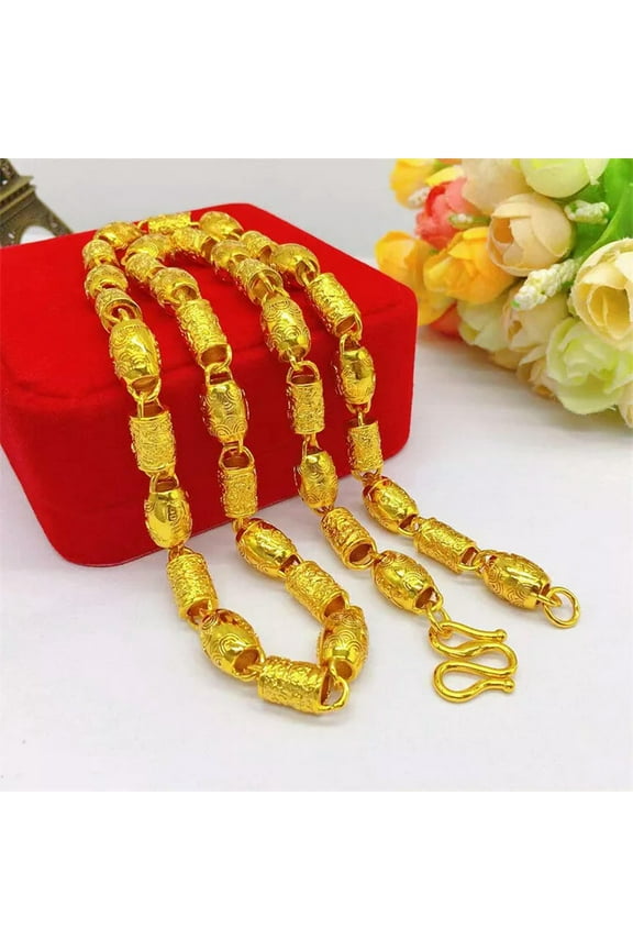 Cool 24K Yellow Gold Plated 9mm 24" Happiness Barrel Beads Men's Chains Necklace-default