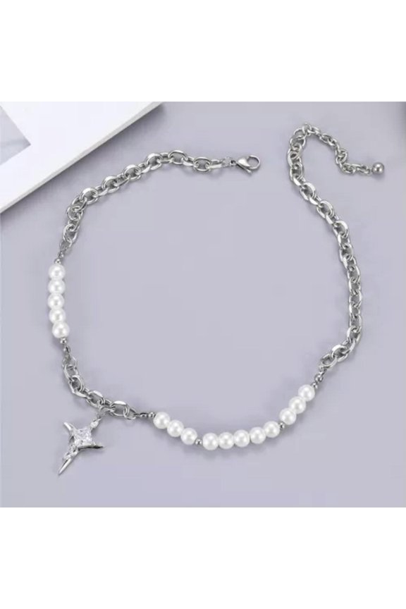 Cool Personalized Unisex Titanium Steel Irregular Metal Cross Pendant Necklace-B- Imitation Pearl beads