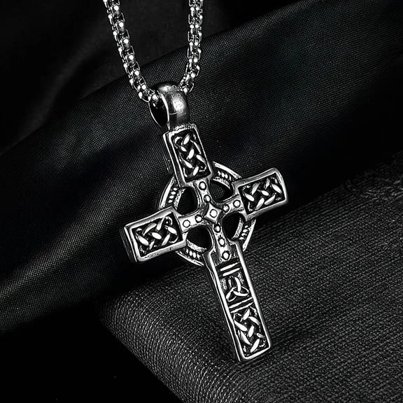 QQTDFG Cross Amulet Pendant Necklace For Men Viking Stainless Steel Knot Chain-default