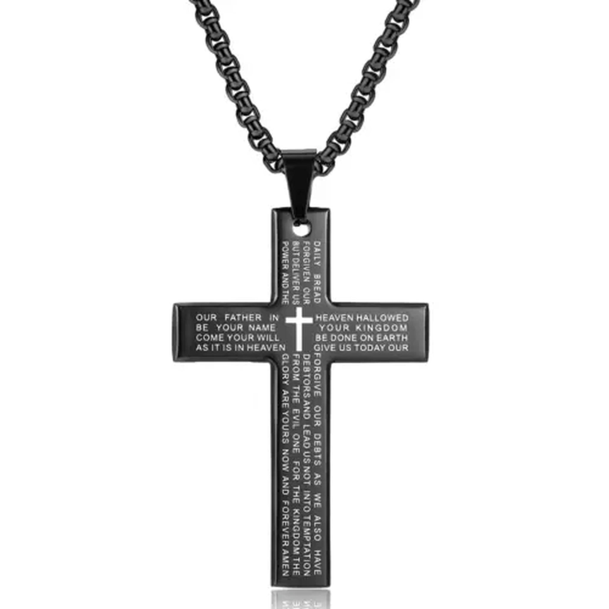 Oidea Men's Stainless Steel Cross Necklace With Lord's Prayer Engraved - Includes Chain (Gold, Black, Blue, Silver) - View #4