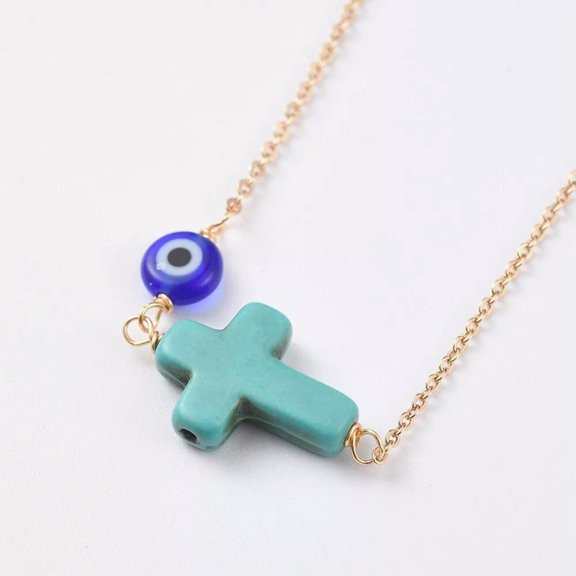 QQTDFG Cross Turquoise Pendant Necklace Round Hmade Evil Eye Gold 16" 1mm P40-default