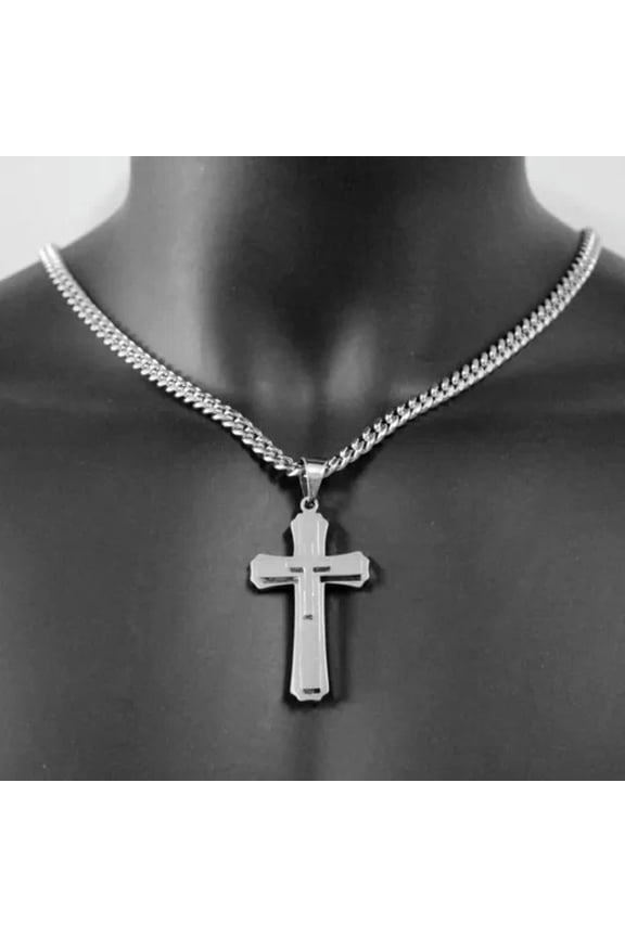 Crucifixion Cross Necklace For Men Women Stainless Steel Miami Chain Pendant Hot-Silver-18inch or 45cm