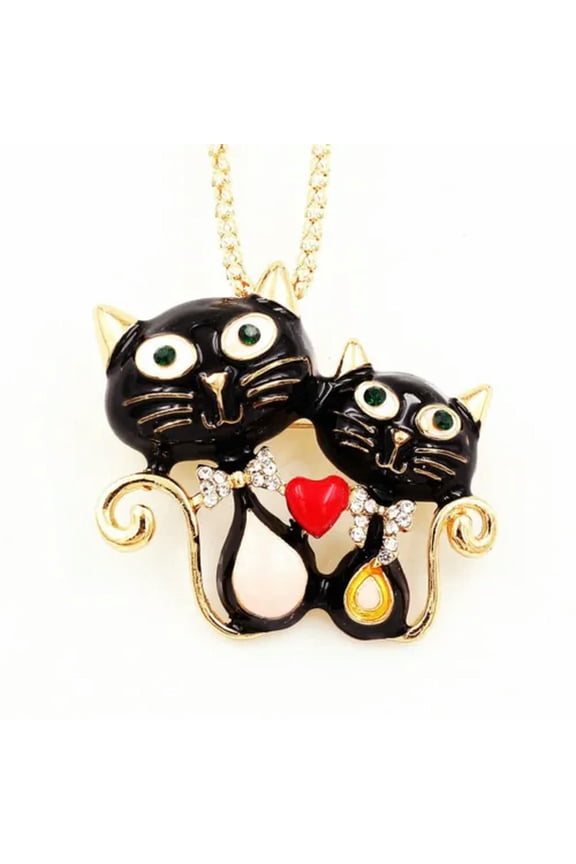 Crystal Enamel Cute 5 Color Kitten Cat Lover Heart Pendant Chain Necklace/Brooch-Black