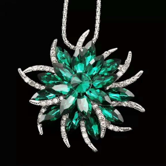 QQTDFG Crystal Rhinestone 4 Color Flower Pendant Chain Necklace/Brooch Pin Silver Tone -Green