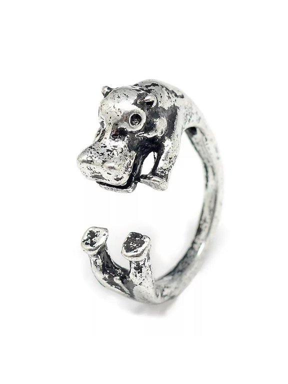 Cuff Finger Ring Hippopotamus Antique Silver Size 6 Adjustable 16mm P429-default