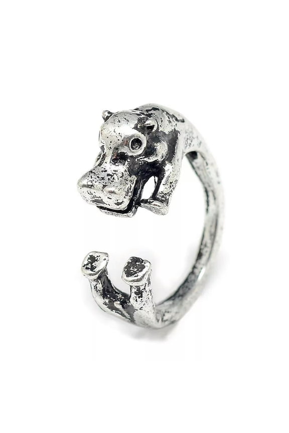 Cuff Finger Ring Hippopotamus Antique Silver Size 6 Adjustable 16mm P429-default
