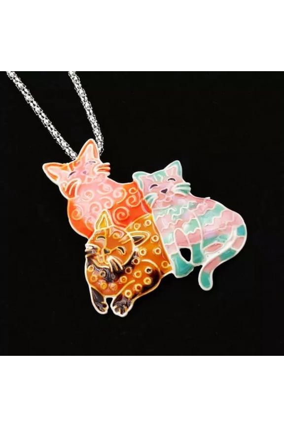 Cute Cat Kitten Pendant Chain Necklace/Brooch Pin Colorful Enamel Womens Jewelry-Multicolor 1