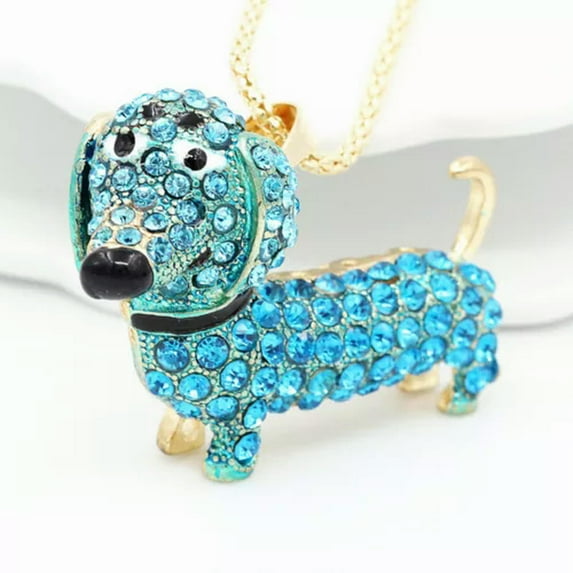 QQTDFG Cute Enamel Crystal Black,Red, Blue White Dachshund Dog Pendant Sweater Necklace-Blue