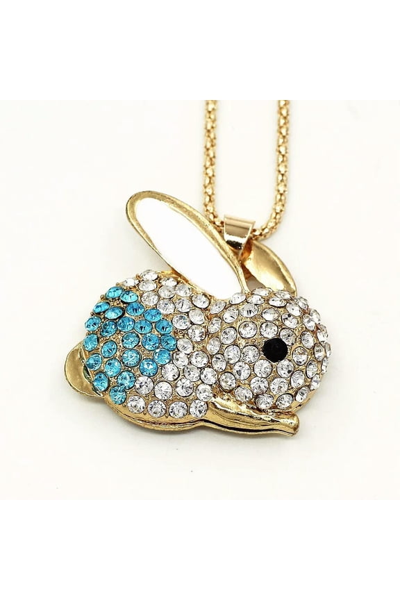 Cute Rabbit Bunny Pendant Necklace Blue Enamel Crystal Rhinestone Sweater Chain -default