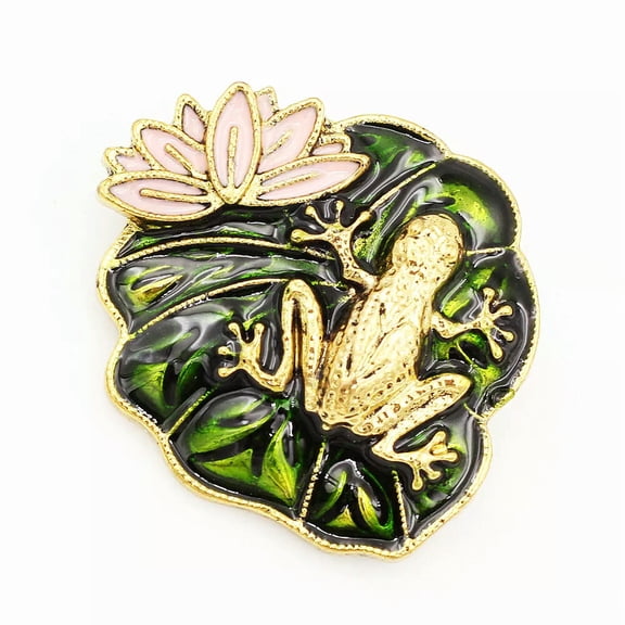 QQTDFG Cute Small 'Frog On The Lotus Leaf' Lotus Brooch Dark Green Enamel Women's Pin -default