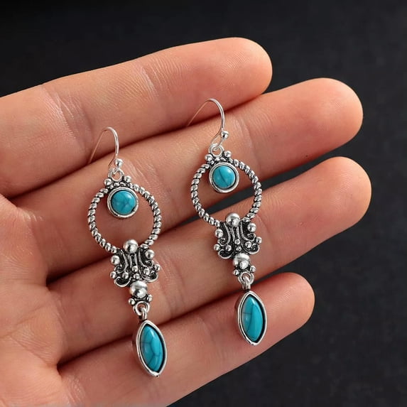 QQTDFG Dangle Hook Earring Retro Thai Silver Turquoise Gemstone Natural Stone Pendant-default
