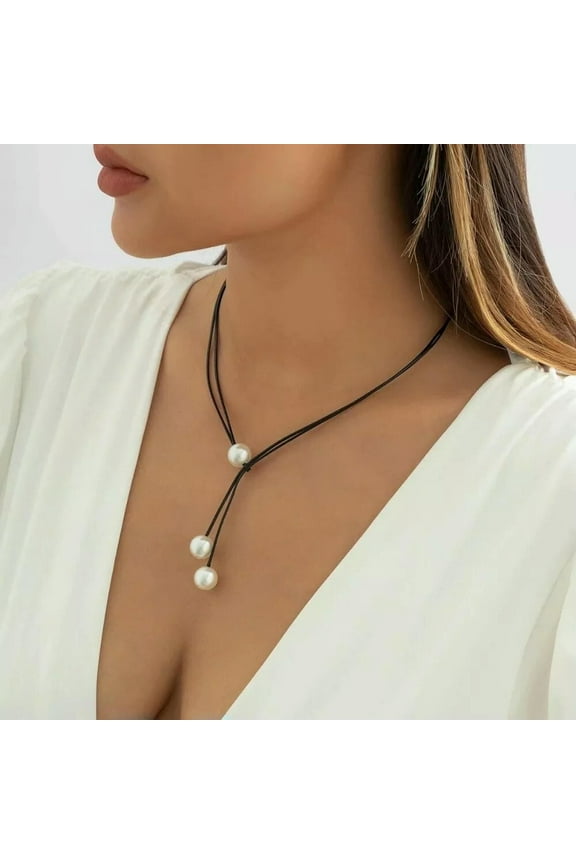 Double Layer Wax Thread Pearl Strap Drawstring Collar Pearl Choker Sexy-default