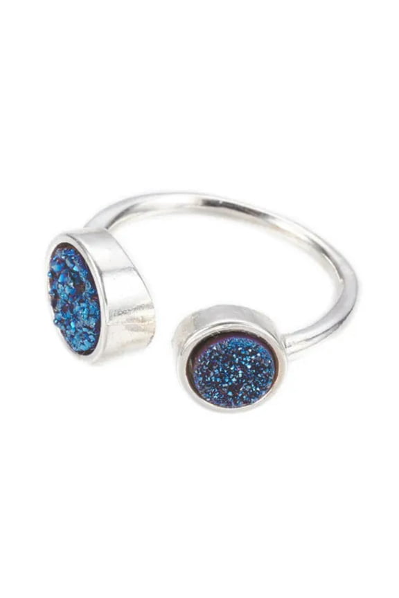Druzy Agate Cuff Ring Sterling Silver Dyed Blue White Size 8 Adjusble 18mm P392-Blue