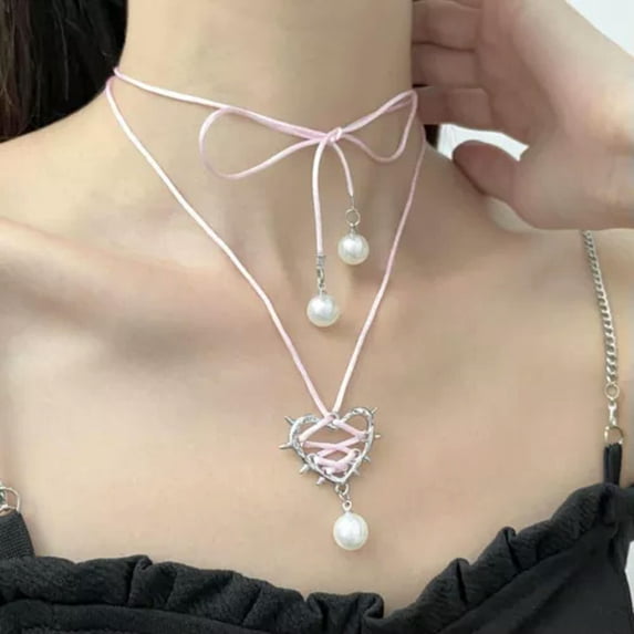 QQTDFG Elegant Love Heart Necklaces Unique Bow Tie Neck Chain Gifts-pink