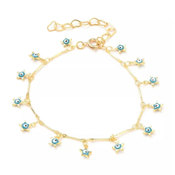 QQTDFG Enamel Charm Bracelet Bar Spring Ring Star Evil Eye Gold 7.7" Z158-default