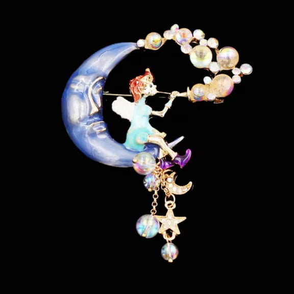 QQTDFG Enamel Crystal Moon Cute Angel Blow Bubbles Brooch Pin Jewelry -Blue
