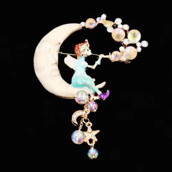 QQTDFG Enamel Crystal Moon Cute Angel Blow Bubbles Brooch Pin Jewelry -Milk White
