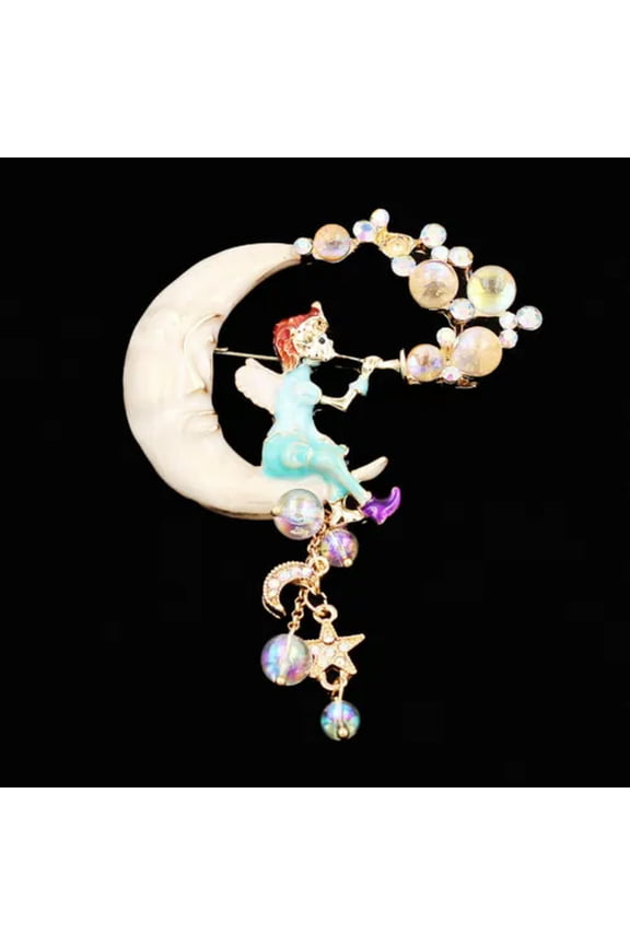 Enamel Crystal Moon Cute Angel Blow Bubbles Brooch Pin Jewelry -Milk White