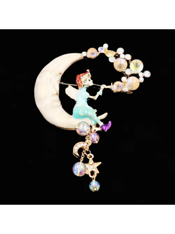 Enamel Crystal Moon Cute Angel Blow Bubbles Brooch Pin Jewelry -Milk White
