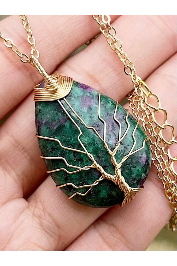 Epidote Tree Of Life Necklace Chakra Water-Drop Reiki Healing Amulet-default