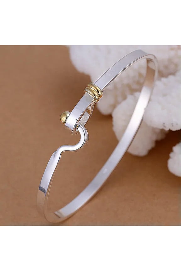 European 925Sterling Silver Golden Bead Womens Cuff Bangle Bracelet B073-default