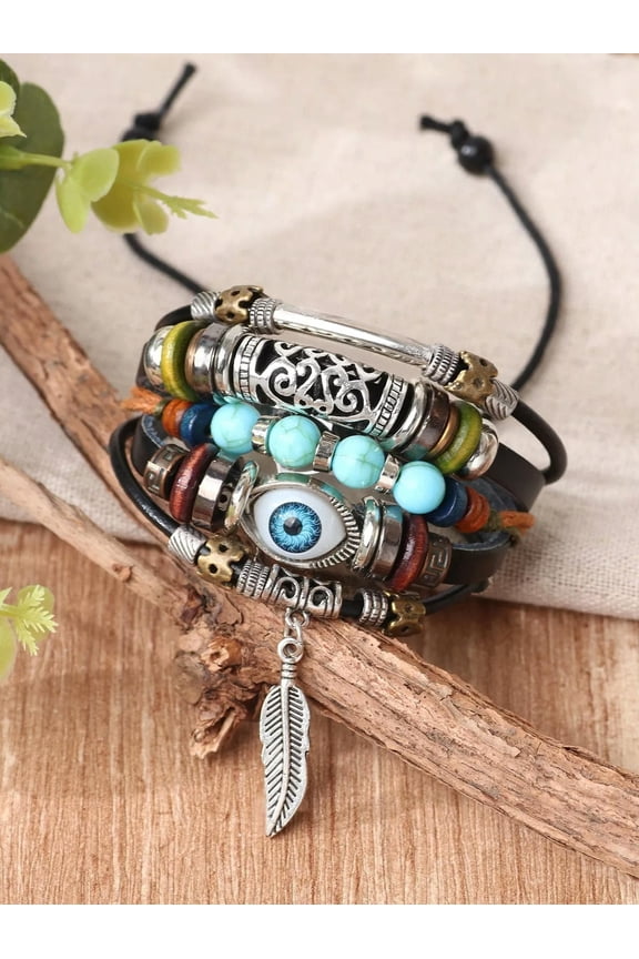 Eye & Feather Decor Layered Bracelet Fashion Jewelry Accessories for Women-default