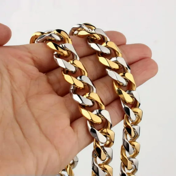QQTDFG Fashion 12/15mm Cut Curb Cuban Link Chain Stainless Steel Mens Necklace Bracelet-12mm-8inch bracelet-Silver Gold