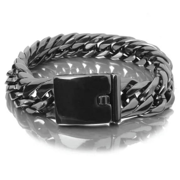QQTDFG Fashion 16mm Stainless Steel Silver Gold Black Curb Cuban Men's Chain Bracelet-Black-10.5inch bracelet
