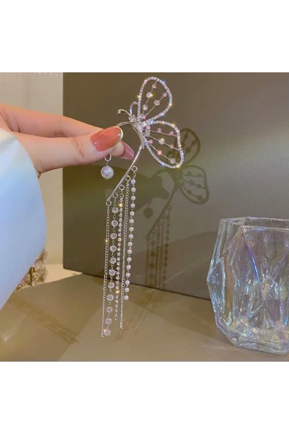 Fashion 925 Silver Butterfly Crystal Pearl Tassel Earring Ear Clip Cuff Jewelry-#Left Ear