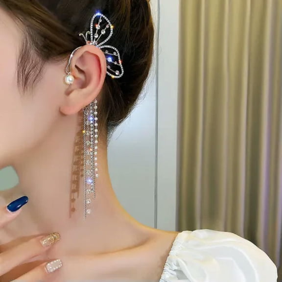 QQTDFG Fashion 925 Silver Butterfly Crystal Pearl Tassel Earring Ear Clip Cuff Jewelry-#Right Ear
