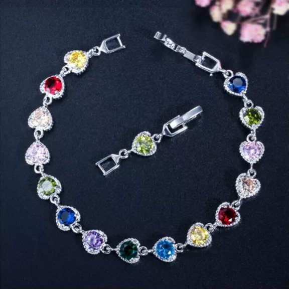 QQTDFG Fashion 925 Silver Crystal Heart Linked Charm Bracelet Womens Jewellery Gifts-Multicolor