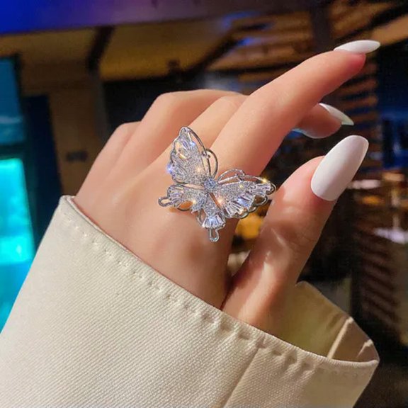 QQTDFG Fashion 925 Silver Cubic Zirconia Butterfly Ring Women Jewelry Adjustable-#1-Adjustable