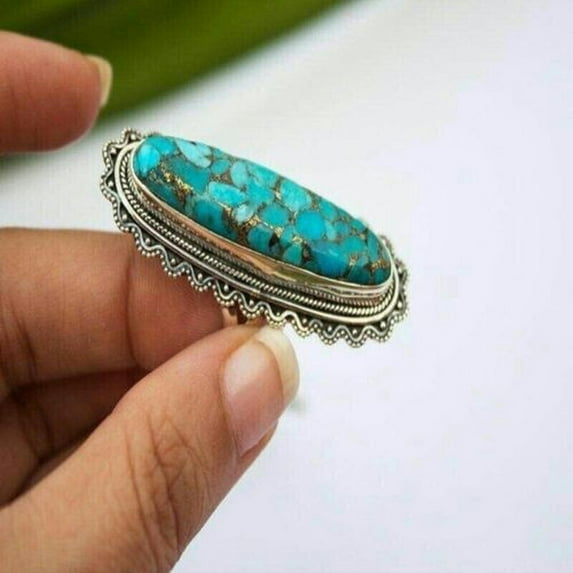 QQTDFG Fashion 925 Silver Plated Handmade Turquoise Ring Women Jewelry Gift Size 6-13-8-#10