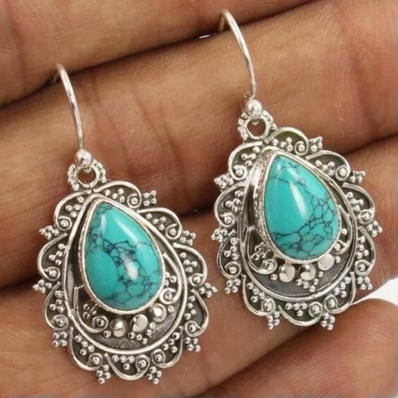 QQTDFG Fashion 925 Silver Turquoise Earrings Ear Hook Women Wedding Dangle Drop Jewelry-#3