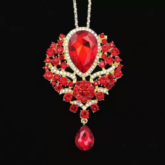 QQTDFG Fashion Big Crystal Rhinestone Flower Pendant Sweater Chain Necklace/Brooch Pin-Red