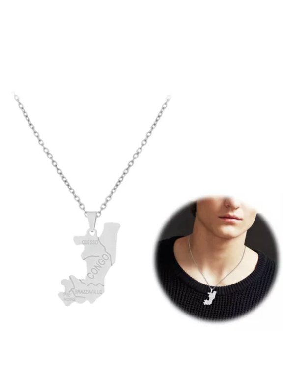 Fashion Congo Map Pendant Necklace Ethnic Style With City Name-Silver-3.2x1.7cm