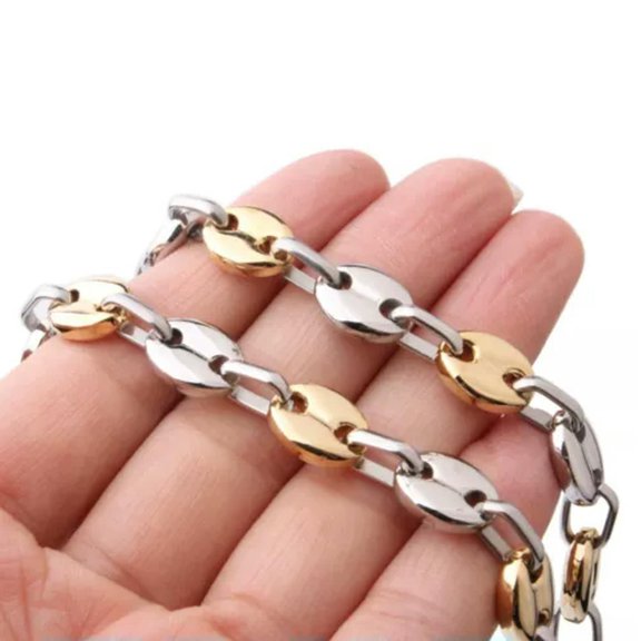 QQTDFG Fashion Stainless Steel Coffee Beads Link Chain Necklace Bracelet for Women Men-Silver Gold-11mm-7.5 inch bracelet