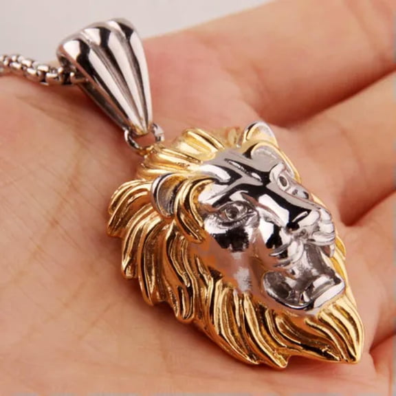 QQTDFG Fashion Stainless steel Men's Casting Lion Pendant Necklace Box Chain Jewelry-Silver Gold