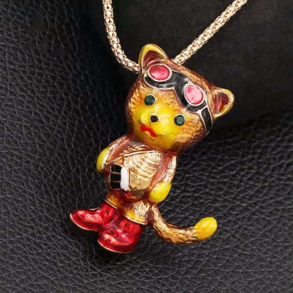 QQTDFG Fashion Women Enamel Crystal Cute Little Bear Pendant Chain Necklace/Brooch Pin-Red