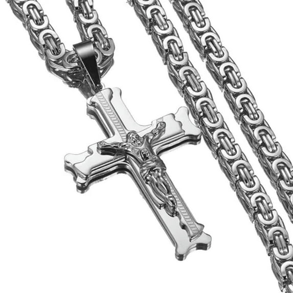 QQTDFG Fashion Women Men Cross Crucifix Jesus 6mm Stainless Steel Byzantine Necklace-Silver-38inch or 96cm