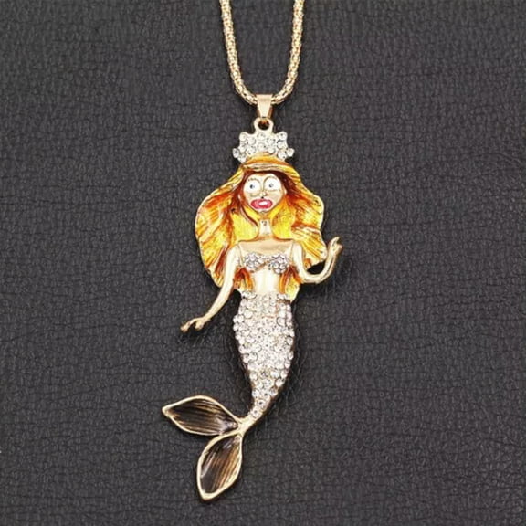 QQTDFG Fashion Women's Multicolor Enamel Crystal Crown Mermaid Pendant Chain Necklace-Gold