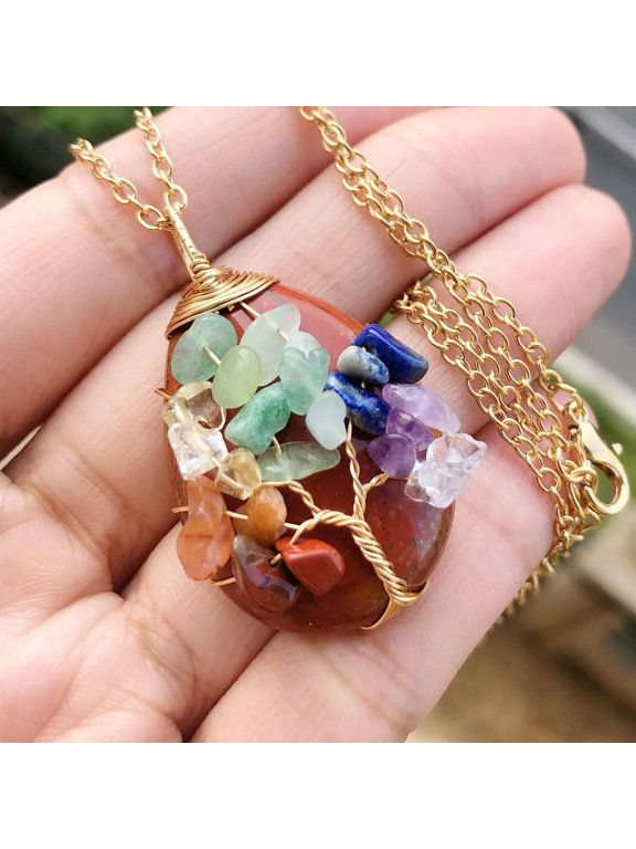 Flame Jasper Stone Tree Of Life Water-Drop Necklace Chakra Reiki Healing Amulet-default