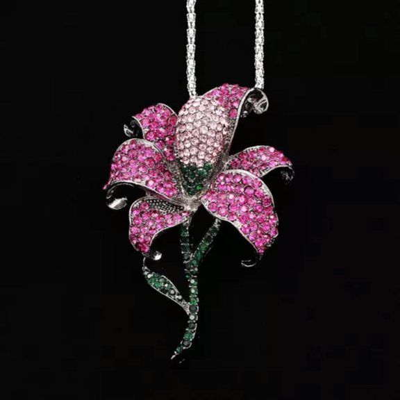 QQTDFG Flower Pendant Necklace Rhinestone Crystal Long Chain Fashion Flower Brooch Pin -Purple