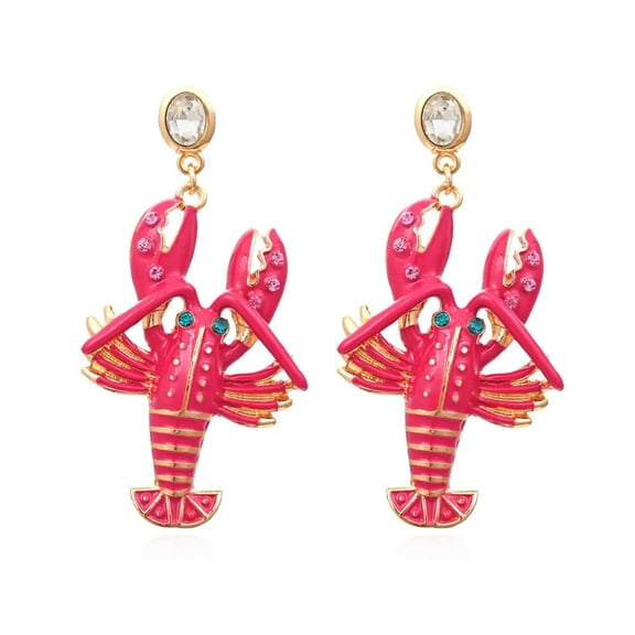 QQTDFG Fuchsia Enamel Crystal Lobster Animals Eardrop Dangle Steel Needle Earrings -default