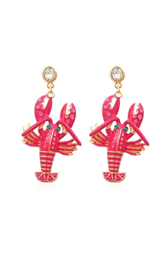 Fuchsia Enamel Crystal Lobster Animals Eardrop Dangle Steel Needle Earrings -default