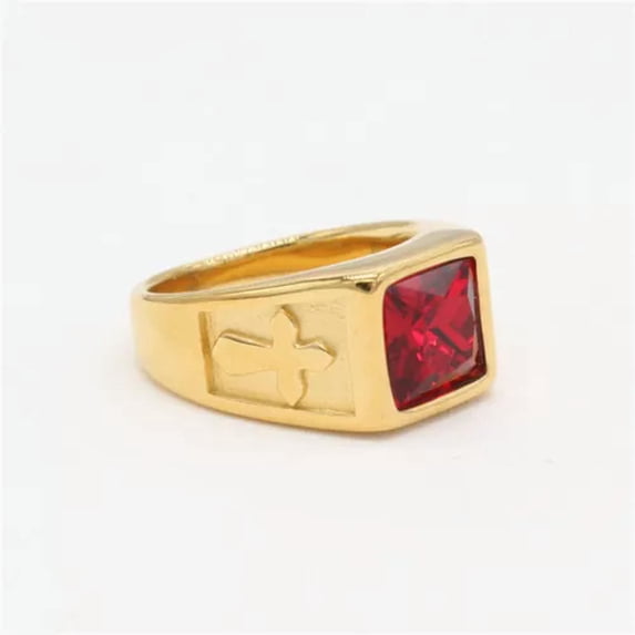 QQTDFG Gold Plated Stainless Steel Blue Stone Cross Ring for Men Women Wedding Gift-Gold Red-12