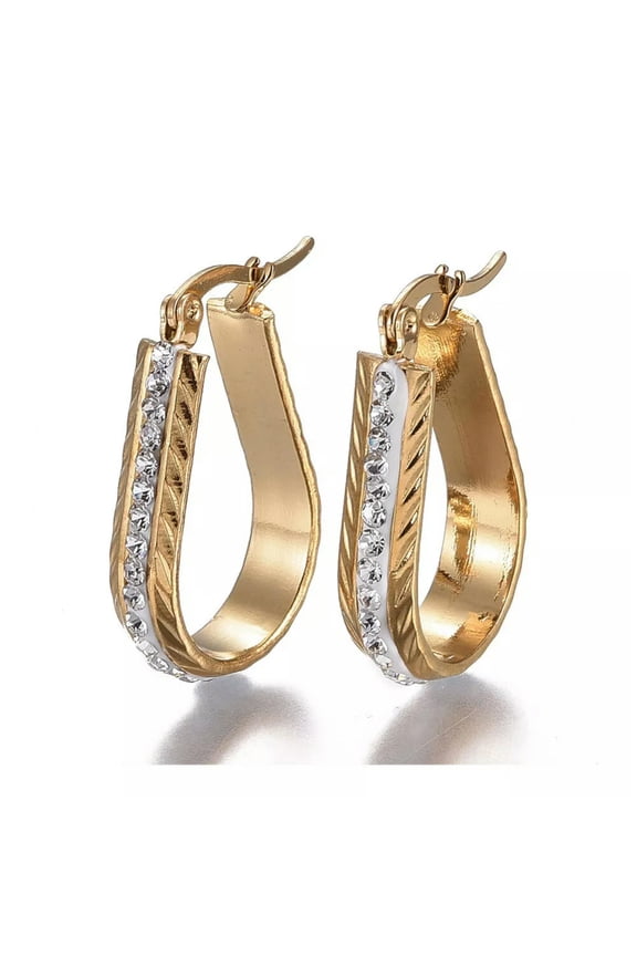 Gold Stainless Steel Hoop Earrings Polymer Clay Zirconia Drop 29.5x5.5mm A188-default