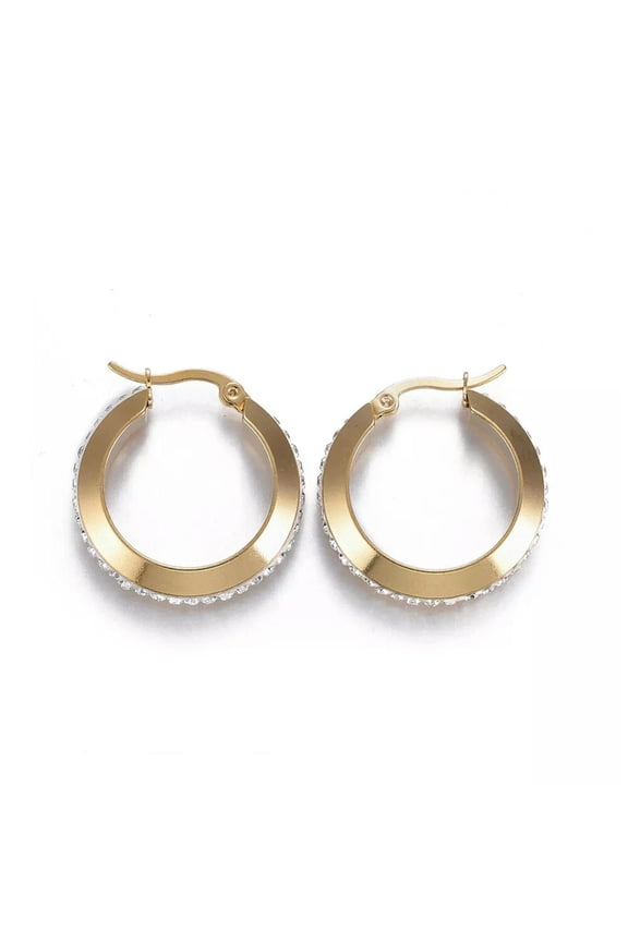 Gold Stainless Steel Hoop Earrings Polymer Clay Zirconia Ring 27x5mm A187-default