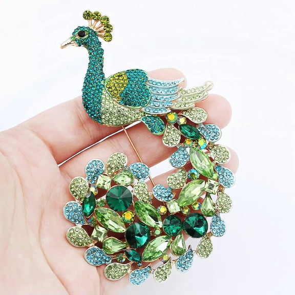 QQTDFG Green Crystal Rhinestone Peacock Bird Animal Huge Brooch Pin Party Prom Gift-default
