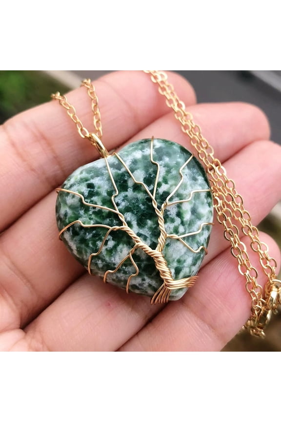 Green Jasper Gem Tree Of Life Necklace Chakra Reiki Healing Amulet-default